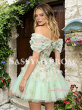 Off The Shoulder Green Short Mini Floral Homecoming Dress