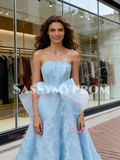 Light Blue Strapless Lace A Line Bow Lace Wedding Dress