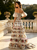Off The Shoulder Puffy Sleeves Layers Print Sequin Prom Dress