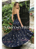 Navy Blue A Line Tulle Star Strapless Prom Dress