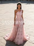 A Line Heart Pearls Pink One Shoulder Prom Dress