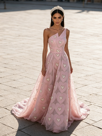 A Line Heart Pearls Pink One Shoulder Prom Dress