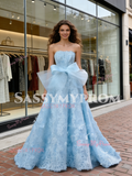 Light Blue Strapless Lace A Line Bow Lace Wedding Dress