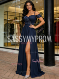 Navy Blue A Line Beading Chiffon Prom Dress With Slit