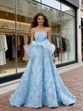 Light Blue Strapless Lace A Line Bow Lace Wedding Dress