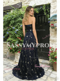 Navy Blue A Line Tulle Star Strapless Prom Dress
