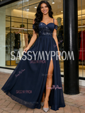 Navy Blue A Line Beading Chiffon Prom Dress With Slit
