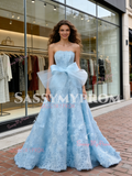 Light Blue Strapless Lace A Line Bow Lace Wedding Dress
