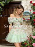 Off The Shoulder Green Short Mini Floral Homecoming Dress