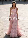 A Line Heart Pearls Pink One Shoulder Prom Dress