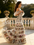 Off The Shoulder Puffy Sleeves Layers Print Sequin Prom Dress