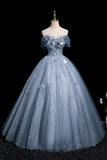 Off The Shoulder Tulle Butterfly Blue Sequin Prom Dress