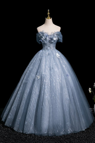 Off The Shoulder Tulle Butterfly Blue Sequin Prom Dress