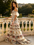Off The Shoulder Puffy Sleeves Layers Print Sequin Prom Dress