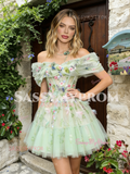 Off The Shoulder Green Short Mini Floral Homecoming Dress