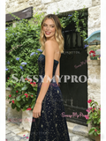 Navy Blue A Line Tulle Star Strapless Prom Dress