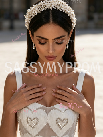 Straps Tulle A Line Heart Pearls White Square Prom Dress
