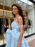 Light Blue Strapless Lace A Line Bow Lace Wedding Dress