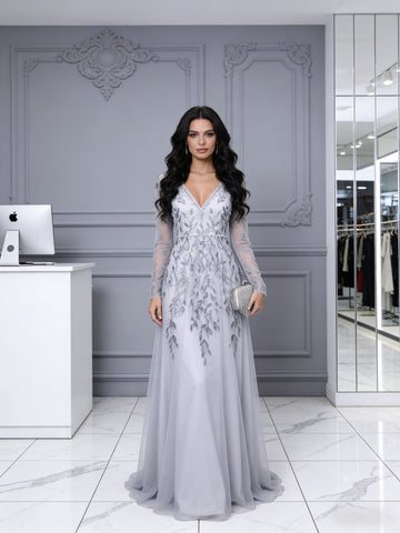 Long Sleeve A Line V Neck Gray Appliques Prom Dress