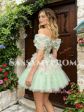 Off The Shoulder Green Short Mini Floral Homecoming Dress