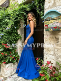 Royal Blue Satin Spaghetti Straps Beading Prom Dress