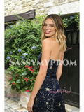 Navy Blue A Line Tulle Star Strapless Prom Dress