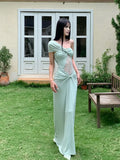 Green Satin One Shoulder Long Dress with High Slit
