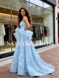 Light Blue Strapless Lace A Line Bow Lace Wedding Dress