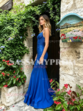 Royal Blue Satin Spaghetti Straps Beading Prom Dress