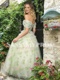 Off The Shoulder Green Tulle Floral Prom Dress
