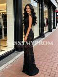 Cap Sleeve V Neck Tulle Beading Flower Black Prom Dress