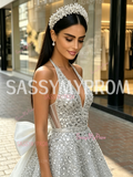 A Line Sequin Beading Silver V Neck Beading Tulle Prom Dress With Bow