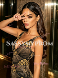Backless Yellow BlackTulle Trumpet Mermaid V Neck Beading Prom Dress