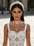 Straps Tulle A Line Heart Pearls White Square Prom Dress