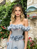 Blue Off The Shoulder Tulle Flowers A Line Prom Dress