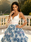 V Neck White Satin Tulle 3D Rose Prom Dress