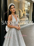A Line Sequin Beading Silver V Neck Beading Tulle Prom Dress With Bow
