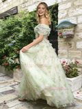 Off The Shoulder Green Tulle Floral Prom Dress