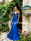 Royal Blue Satin Spaghetti Straps Beading Prom Dress