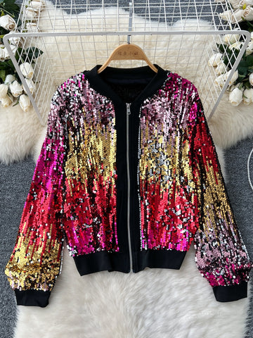 Eye-Catching Gradient Vibrant Sequin Zip-Up Jacket