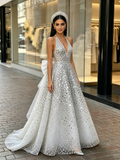 A Line Sequin Beading Silver V Neck Beading Tulle Prom Dress With Bow