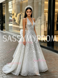 A Line Sequin Beading Silver V Neck Beading Tulle Prom Dress With Bow