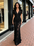Cap Sleeve V Neck Tulle Beading Flower Black Prom Dress