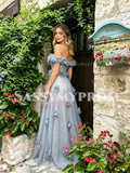 Blue Off The Shoulder Tulle Flowers A Line Prom Dress