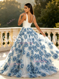 V Neck White Satin Tulle 3D Rose Prom Dress