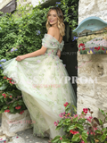 Off The Shoulder Green Tulle Floral Prom Dress