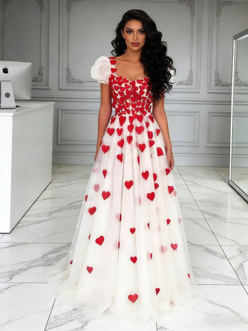 Red Heart Square Tulle Puffy Sleeve A Line Prom Dress