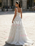 Straps Tulle A Line Heart Pearls White Square Prom Dress