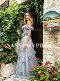Blue Off The Shoulder Tulle Flowers A Line Prom Dress