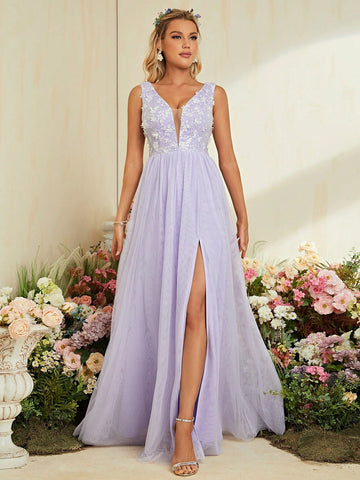 Backless V Neck Lavender Lace Appliques Prom Dress With Slit